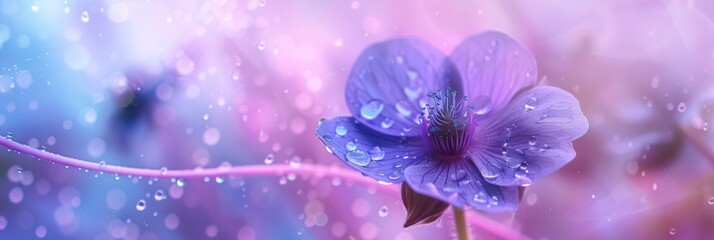 Vibrant violet flower with dew drops on petals against pastel colored dreamy background
