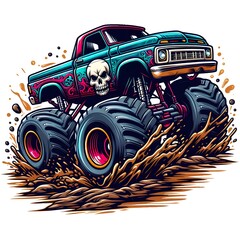 A colorful illustration of a monster truck with a skull design on the hood, riding on big tires and splashing through the mud