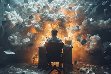 The back view of a man at a desk in the midst of an explosive chaos, conveying intense work pressure