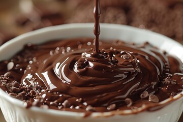 Rich and glossy stream of chocolate sauce deliciously cascading into a white bowl, perfect for...