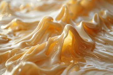 Macro shot capturing the mesmerizing peaks and valleys formed by a wave of creamy liquid in motion