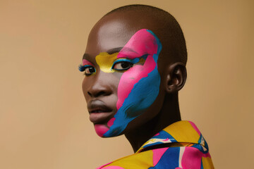 Headshot of a bald African woman with bright, colorful makeup, featuring bright blues and pinks that stand out against a cream-colored studio background