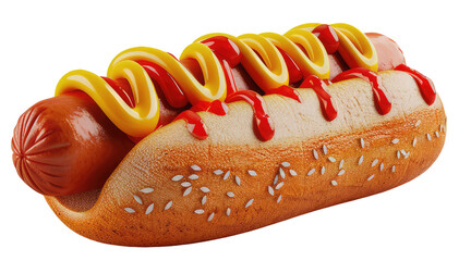 Hot dog sandwich with mustard and ketchup isolated on a transparent background. Concept of fast food, sausage, uhealthy foods