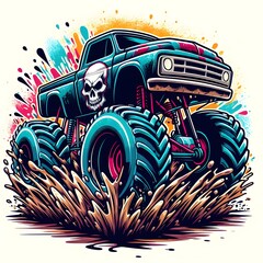 A colorful illustration of a monster truck with a skull design on the hood, riding on big tires and splashing through the mud