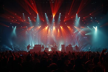 An energizing concert scene with a stage awash with red and yellow lights and the enthusiasm of a...
