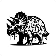 Triceratops silhouette, people in graffiti tag, hip hop, street art typography illustration.