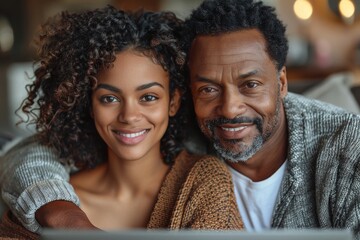 A cheerful African-American father and daughter team posing for a selfie, representing family bonding and joyful moments - obrazy, fototapety, plakaty