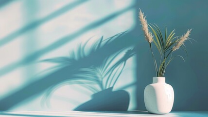 Fototapeta na wymiar White vase with pampas grass on table casting shadow