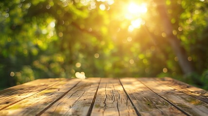 Warm sunlight filtering through green leaves onto rustic wooden table - obrazy, fototapety, plakaty