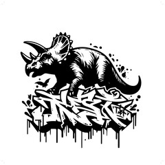 Triceratops silhouette, people in graffiti tag, hip hop, street art typography illustration.