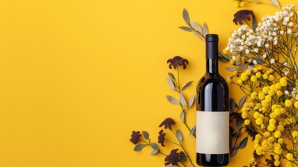 Wine bottle with blank label surrounded by flowers on yellow background