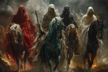Apocalyptic quartet: 4 horsemen of the apocalypse - the mythical figures symbolizing conquest, war, famine, and death, heralding cataclysmic events.
