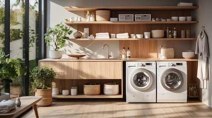A contemporary laundry room with impeccably organized shelves and light wooden cabinetry. Generative AI