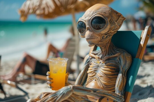 A fantastical alien figurine lounges leisurely on a beach chair, sipping on a cold glass of orange juice, evoking a surreal holiday experience