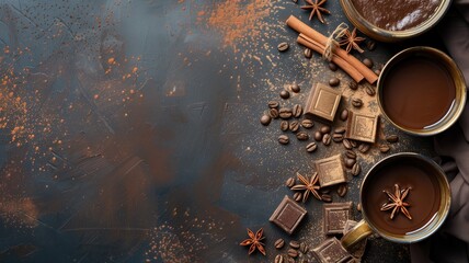 Spiced hot chocolate with cinnamon, star anise, and coffee beans on dark backdrop - obrazy, fototapety, plakaty