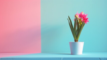 Pink flowers in white pot against two-tone background