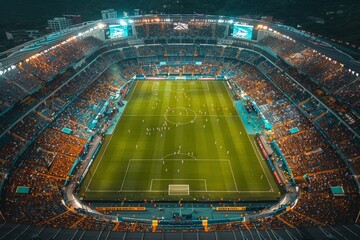Aerial shot of a vibrant, packed sports stadium in action, with a soccer match underway