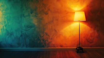 Floor lamp with orange light against vibrant, textured wall in dark room