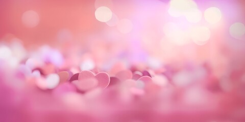 Pink Heart-Shaped Confetti with Bokeh Lights on Pink and White Background - obrazy, fototapety, plakaty