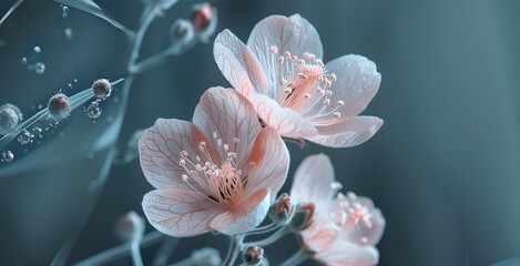 Translucent Pink Flowers with Droplets on Blue Background