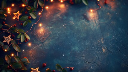 Festive background with sparkling lights, stars, and greenery on blue surface