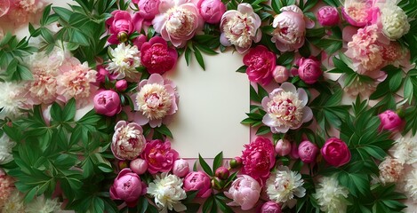 Heart-Shaped Arrangement of Blooming Pink and White Peonies with Lush Green Foliage