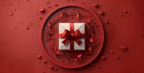 Gift Box with Red Bow and Hearts on Red Background