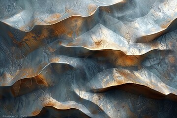 Striking abstract image resembling undulating metallic fabric with rich golden and blue tones...