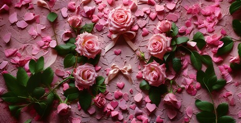 Obraz premium Pink Roses and Green Leaves Arrangement with Heart-Shaped Petals on Textured Background