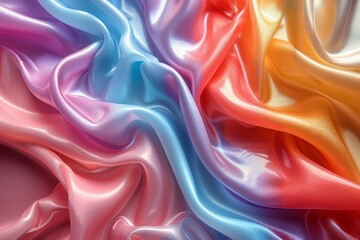 This image features a digital simulation of satiny fabric with flowing waves in vibrant rainbow colors - obrazy, fototapety, plakaty