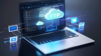 Futuristic FTP cloud computing concept with holographic display over laptop, Concept of digital storage solutions and cybersecurity
