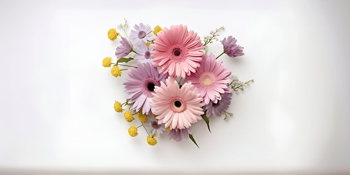 Vibrant Gerbera Daisy Bouquet in Pink, Purple, and Yellow on White Background