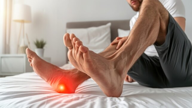 Man on bed with pillow embrace foot with painful swollen gout inflammation