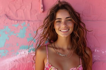 Happy woman in bikini, smiling in front of pink wall - obrazy, fototapety, plakaty