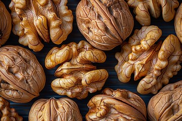 Top view image of walnuts artistically arranged against a dark background showing texture and form