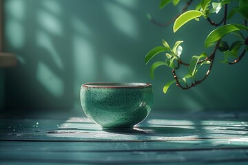 Green drinkware on wooden table by plant in flowerpot
