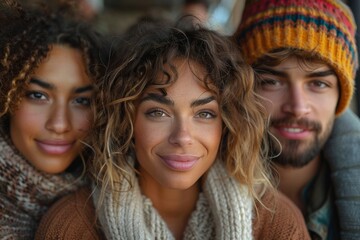 Fototapeta premium A group of young friends huddle cosily together outdoors, their faces expressing friendship and warmth