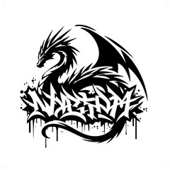 wyvern dragon silhouette, people in graffiti tag, hip hop, street art typography illustration.