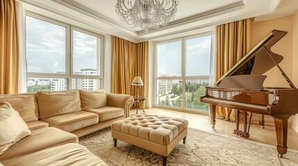 Piano with large comfortable sofa in spacious living room with bright windows and chandelier in luxurious apartment