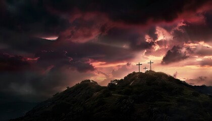 The Christianity themed on a background with dramatic at dawn, the spirit of preaching the Gospel throughout the world. A beautiful sea of ​​clouds, dark clouds and sky and sunbeams