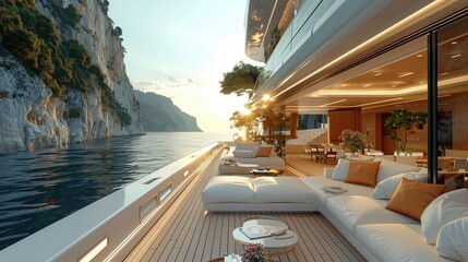 Cruise ship deck at sunset. Luxury yacht in the sea.