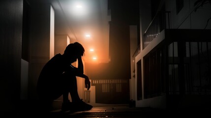 Silhouette of depressed man sitting on walkway of residence building. Sad man, Cry, drama, lonely and unhappy concept. - obrazy, fototapety, plakaty