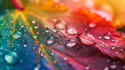 Raindrops falling on a colorful leaf
