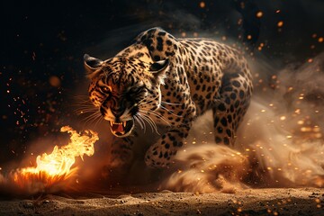 A fierce cheetah snarling amidst swirling flames and embers at twilight. Fiery Leap of a Wild Cheetah. Wild cheetah roaring amidst flames.