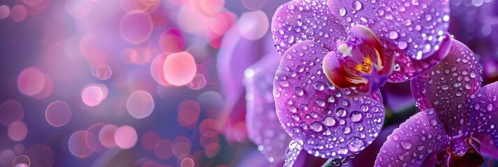 Detailed close up of a vibrant purple orchid glistening with dewdrops in macro photography
