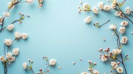 Obraz na płótnie Canvas White flowers and buds on blue background, arranged in circular frame pattern