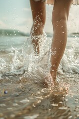female feet in the sand on the beach Generative AI