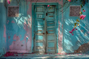Vintage Weathered Doorway with Rose Pink Artistic Touches in a Hot, Sunlit Environment