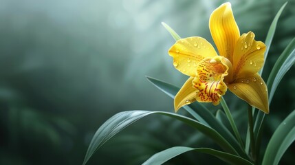 Vibrant yellow orchid flower in full bloom against a backdrop of lush green foliage