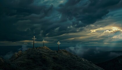 Obraz premium The Christianity themed on a background with dramatic at dawn, the spirit of preaching the Gospel throughout the world. A beautiful sea of ​​clouds, dark clouds and sky and sunbeams
